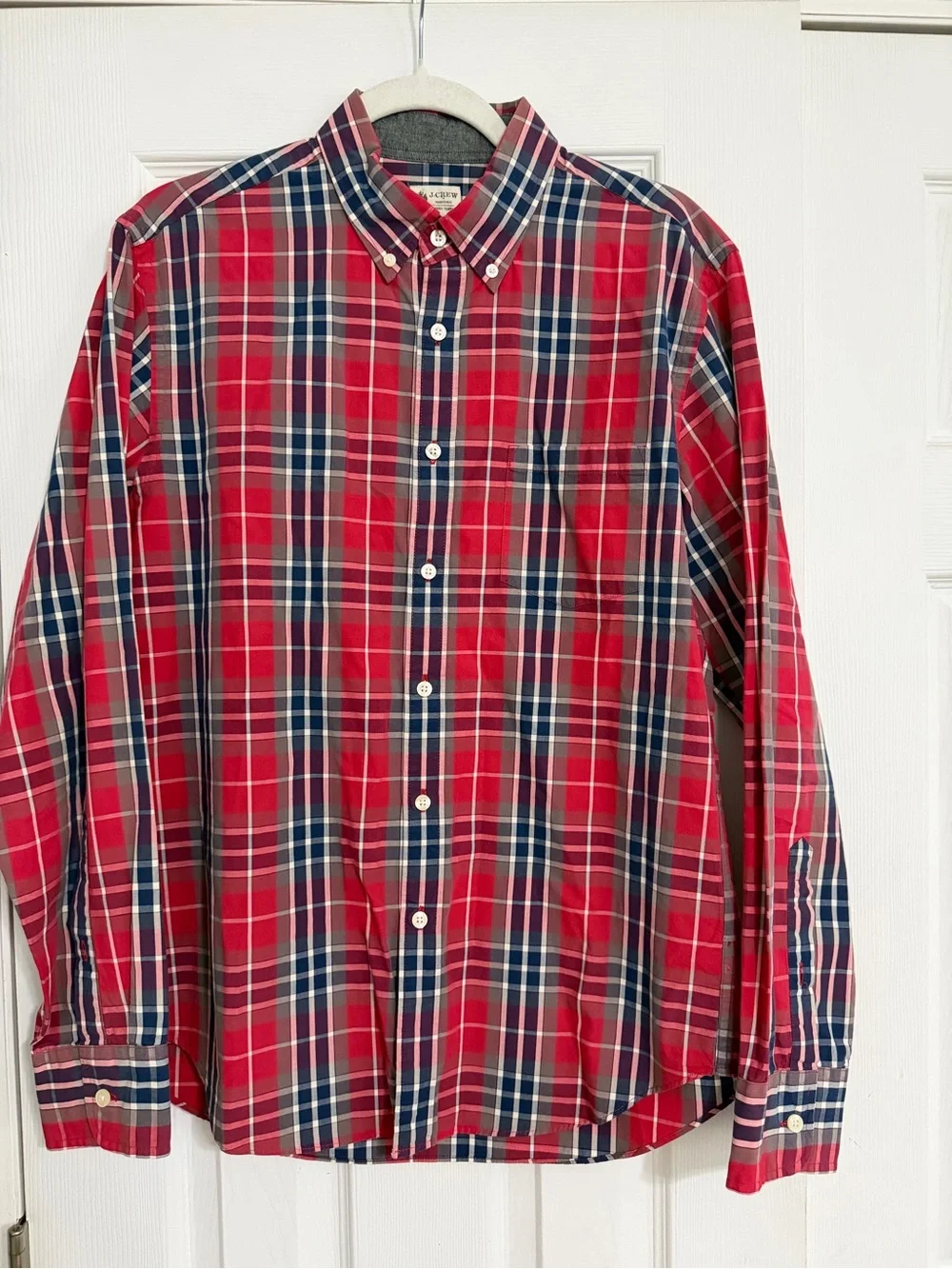 J crew button down washed Tartan red blue plaid 100% cotton size medium